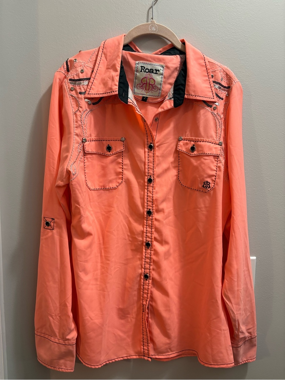Roar Coral and Black Trim Embellished Shirt